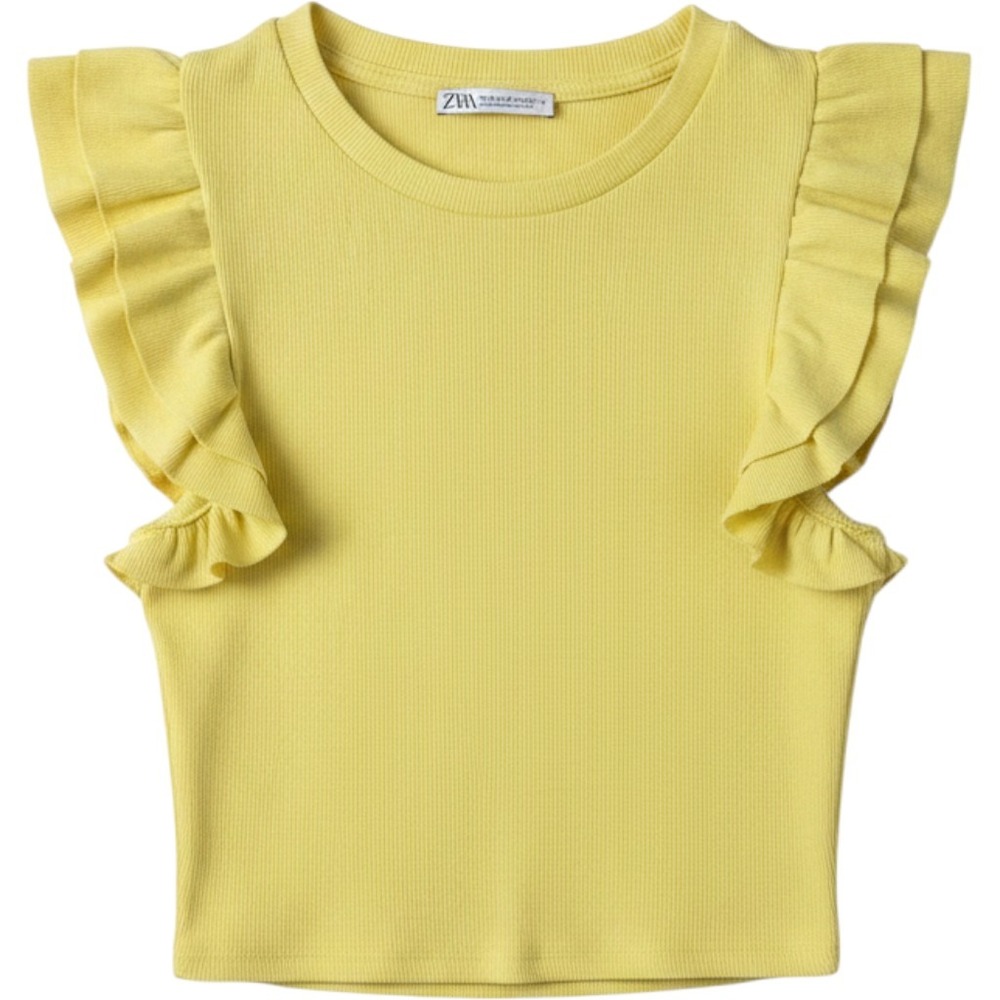 Zara Yellow Ribbed Ruffle Sleeve Knit Crop Top Crew Neck Womens Small